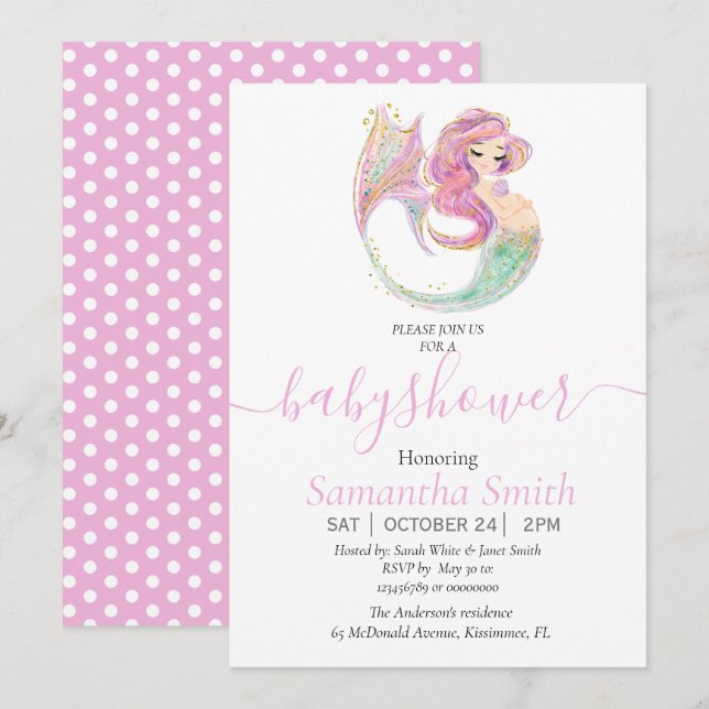 BABY SHOWER MERMAID Invitation rose (Devant / Derrière)