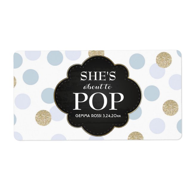 Baby shower Mini Champagne Étiquette Bleu Pois (Devant)
