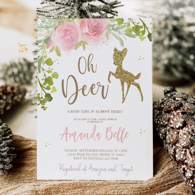 Baby Shower mit Reh-Motiv  Einladung (An "Oh Deer" baby shower invitation featuring a cute deer design with soft greenery, ideal for a woo)