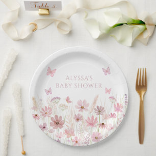 Baby Shower mit rosa Schmetterling Wildblumen Pappteller