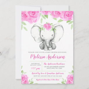 Baby Shower mit rosa Wasserfarbe-Blumen-Elefanten Einladung