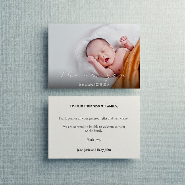 Baby shower moderne, bébé garçon, carte de remerci (Modern baby shower, baby boy, thank you card with message and full cover photo.)