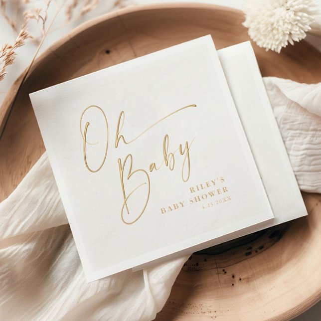Baby Shower Moderne Écriture Oh Bébé (Elegant modern gold foil script baby shower napkin.)