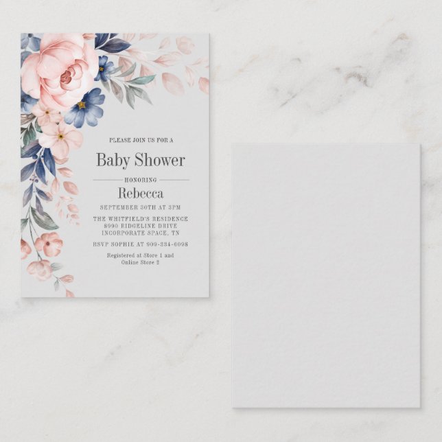 Baby shower Moderne Fleur Bleu rose Carte Florale (Devant / Derrière)