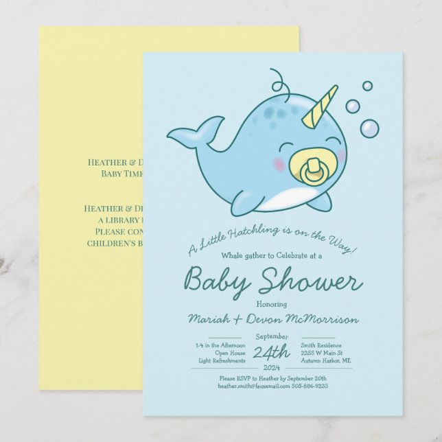 Baby shower Narwhal Kawaii Invitation (Devant / Derrière)