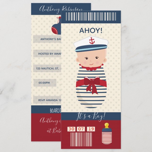 Baby Shower Nautical Boarding Ticket Einladung (Vorne/Hinten)