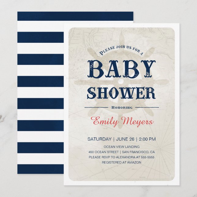 Baby shower nautique bleu marine Invitation (Devant / Derrière)