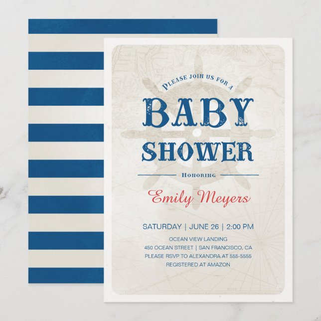 Baby shower nautique bleu marine Invitation (Devant / Derrière)