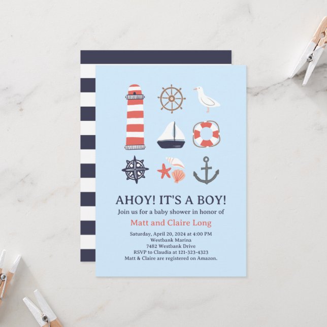 Baby shower nautique Invitation Ahoy C'est un garç (Devant/Arrière en situation)