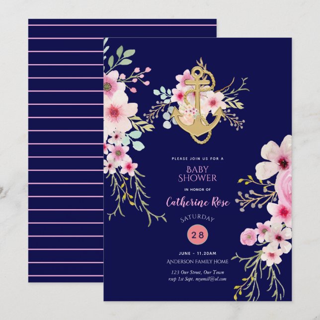 Baby shower nautique Invitation Marine bleu rose F (Devant / Derrière)