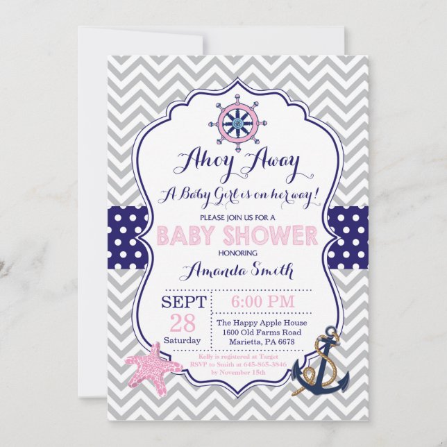 Baby shower nautique Invitation Marine Rose Grey (Devant)