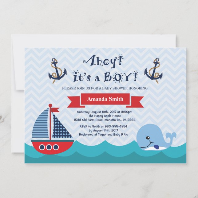 Baby shower nautique Invitation Marine Rouge et Bl (Devant)