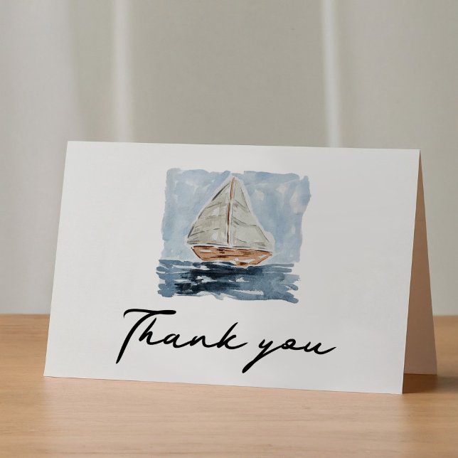 Baby shower nautique Merci nautique (Nautical watercolor sailboat Thank You folded greeting card.)