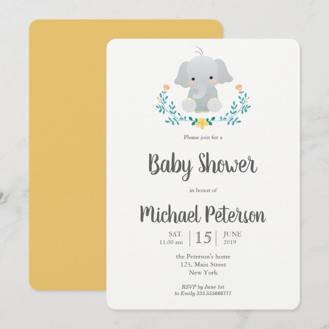 Baby shower neutre d'éléphant mignon invitation (Devant / Derrière)