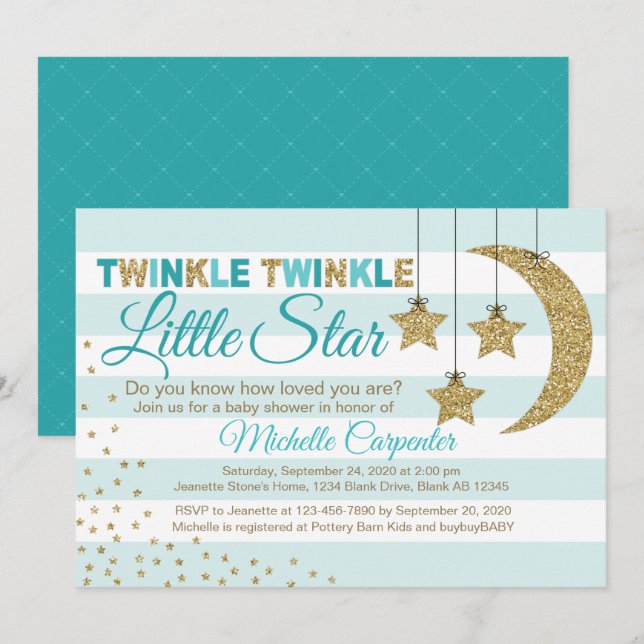 Baby shower neutre  invitation turquoise et or (Devant / Derrière)