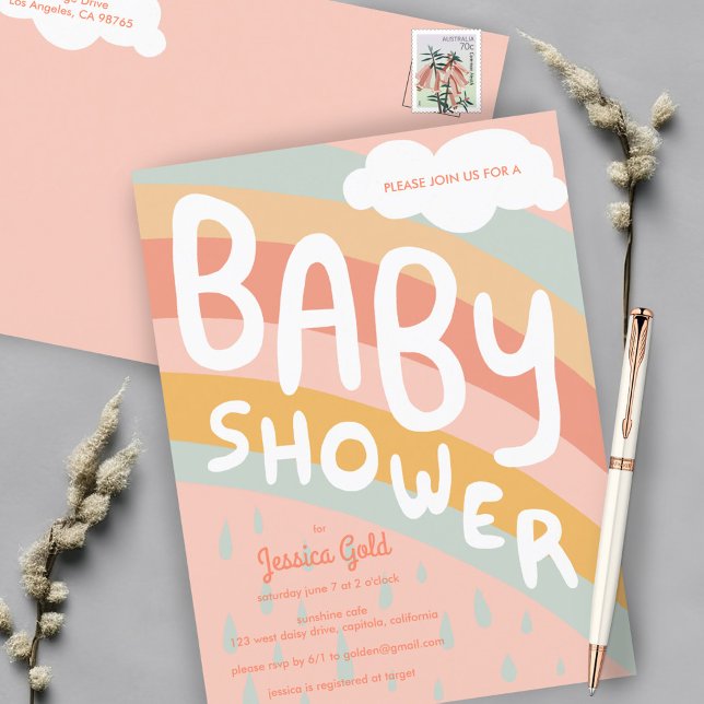 BABY SHOWER Niedliche Wolken Regenbogen Regen Cust Einladungspostkarte (BABY SHOWER Cute Clouds Rainbow Rain Custom Invitation Postcard
Pink Girly )
