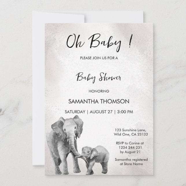 Baby shower non sexiste, invitation à l'éléphant (Devant)