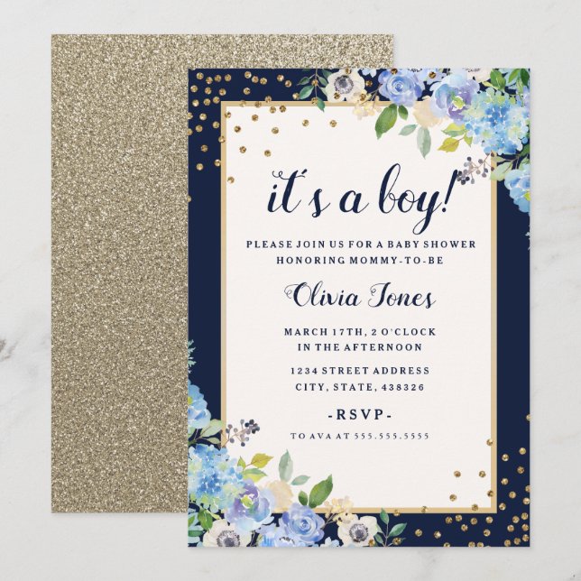 Baby shower or bleu floral Sparkle Boy Invitation (Devant / Derrière)