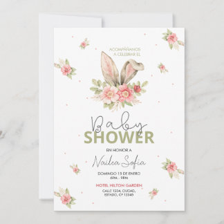 Baby Shower Orejas de Conejo Rosa y Flores Einladung