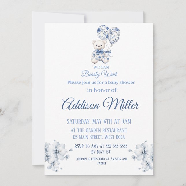 Baby shower Ours Bleu&blanc Teddy Invitation (Devant)