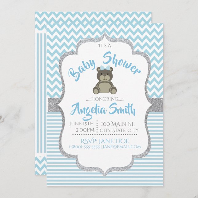 Baby shower Ours Bleu Teddy Invitation (Devant / Derrière)