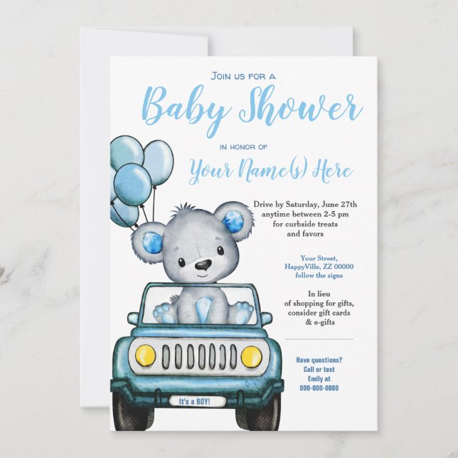 Baby shower Ours Teddy Ours Ours Invitation voitur (Devant)