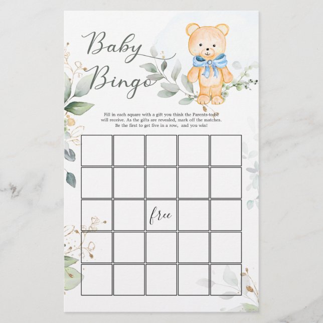 Baby shower Ours vert Bingo Feuille de papier de j (Devant)