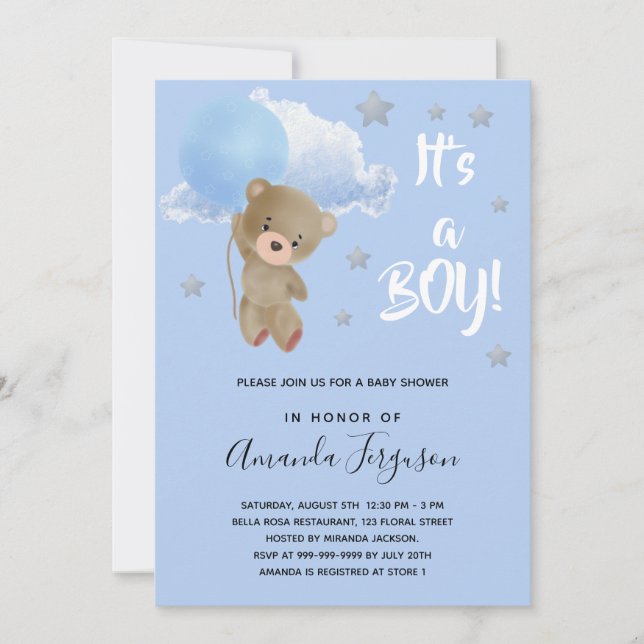 Baby shower ourson garçon bleu étoiles invitation (Devant)