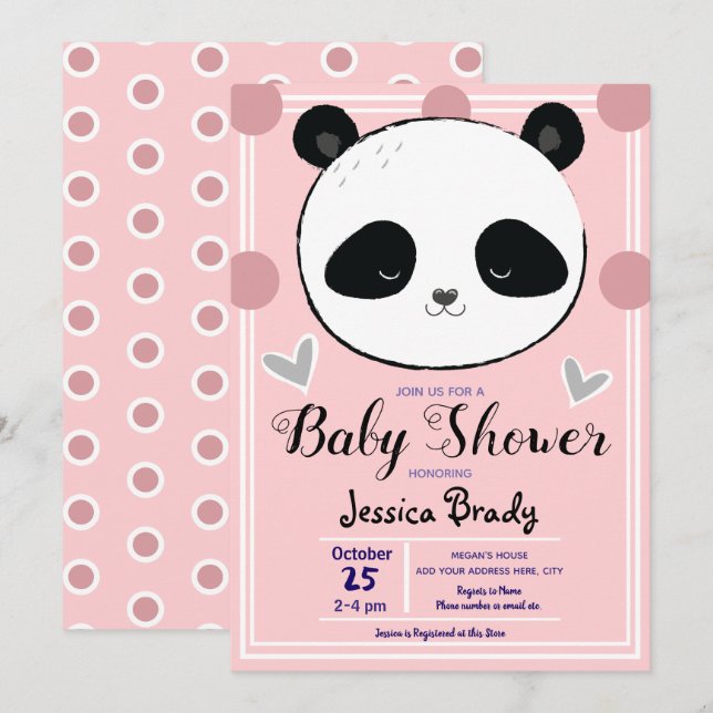 Baby Shower Panda Gesicht und Pink Polka Dots Einladung (Vorne/Hinten)