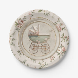 Baby Shower Paper Plate with Vintage Pram Pappteller