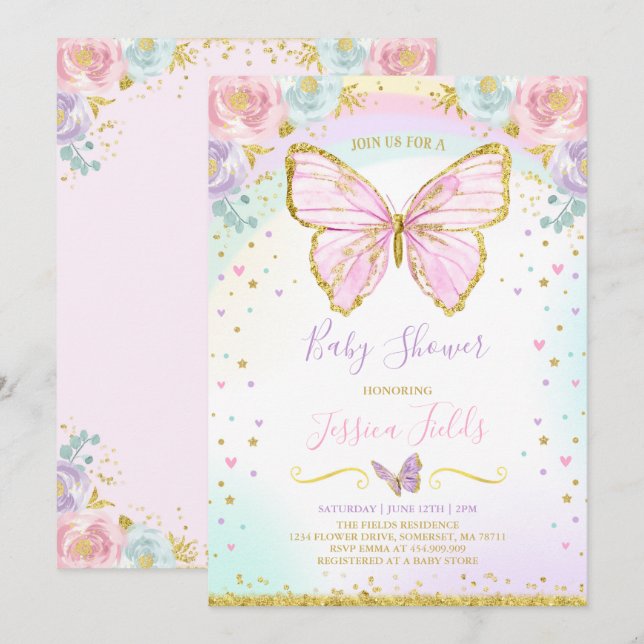 Baby shower papillon Invitation Baby shower fille (Devant / Derrière)