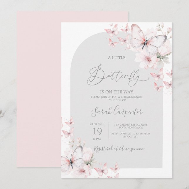 Baby shower papillon Invitation fille (Devant / Derrière)