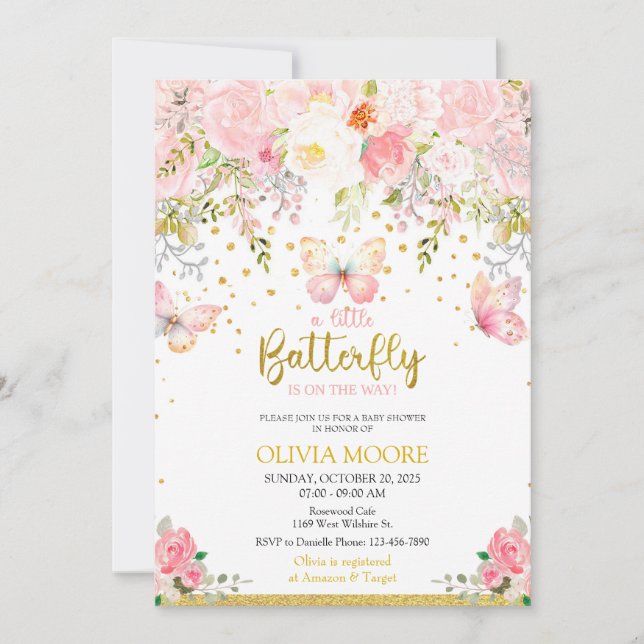 Baby shower papillon rose et or invitation (Devant)