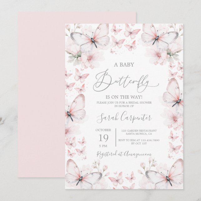 Baby shower papillon rose Invitation fille (Devant / Derrière)