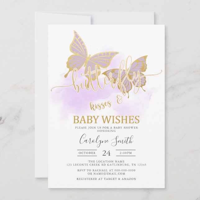 Baby shower papillon violet Invitation (Devant)