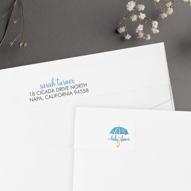 Baby shower-parapluie bleu - Étiquettes d'adresse  (Créateur téléchargé)