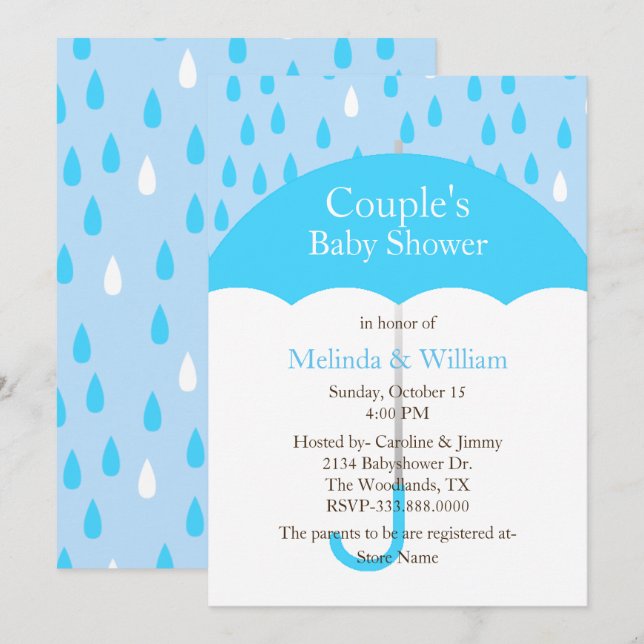 Baby shower parapluie bleu Invitation (Devant / Derrière)