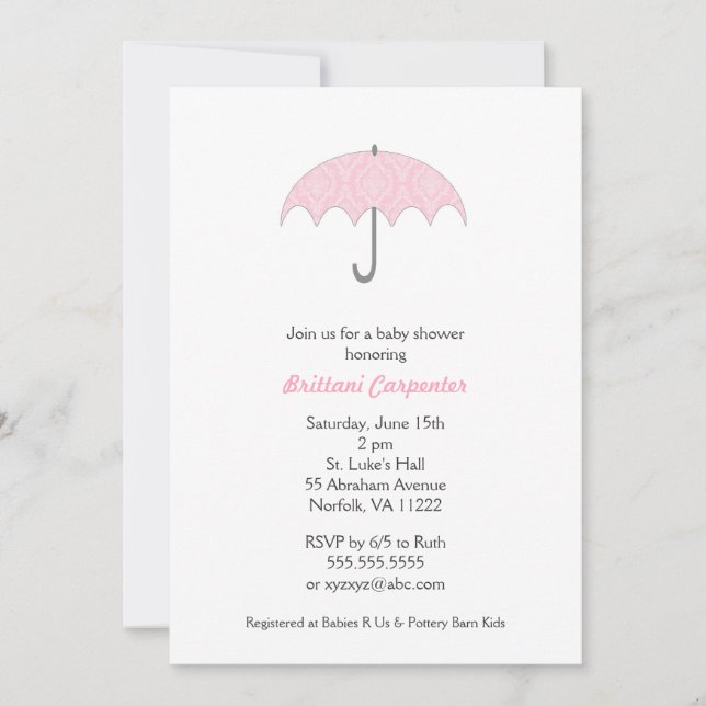 Baby shower-parapluie rose Damask Invitations (Devant)