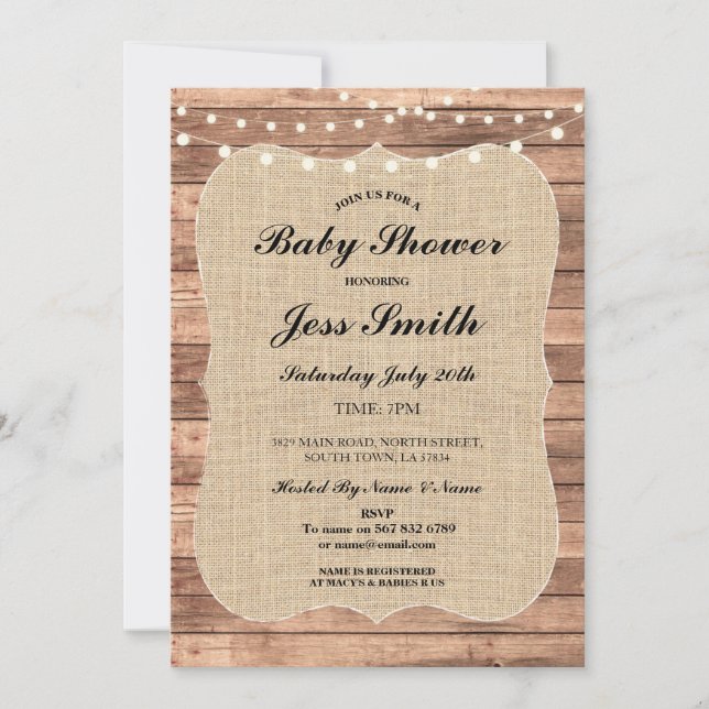 Baby shower Party Rustic Wood Burlap Invitation ba (Devant)