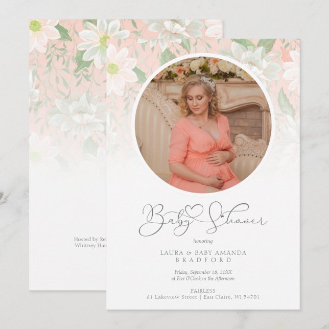 Baby Shower Peach Floral Botanical Photo (Vorne/Hinten)