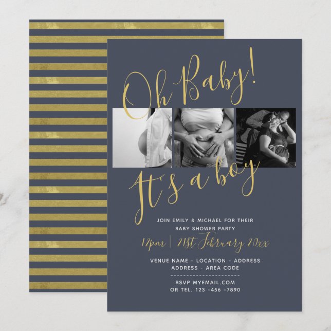 Baby shower Photo Collage Invitation Midnight BLUE (Devant / Derrière)