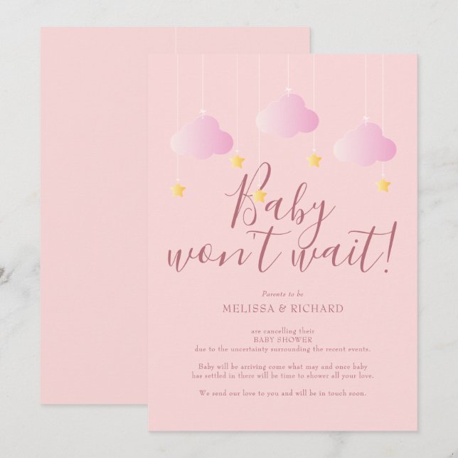 Baby shower, Pincer la carte d'annulation rose (Devant / Derrière)