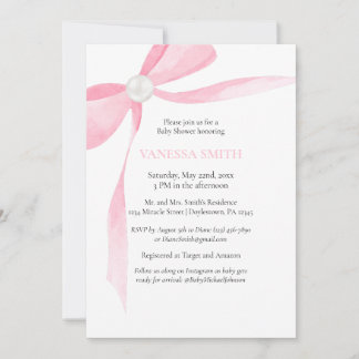 Baby Shower Pink Bow White Pearl Baby Girl Modern  Einladung