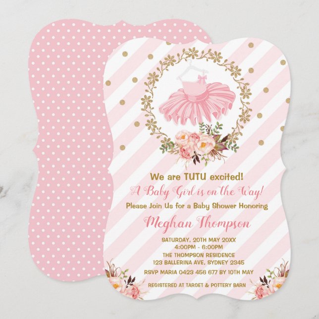 Baby shower Pink Gold Tutu Invitation Ballerina Ba (Devant / Derrière)