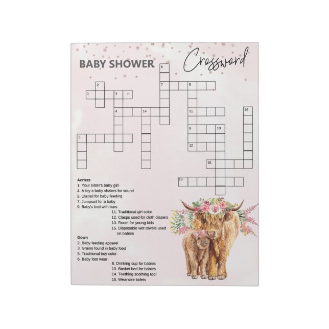 Baby Shower Pink Highland cow Game Crossword Notizblock (Rotiert)
