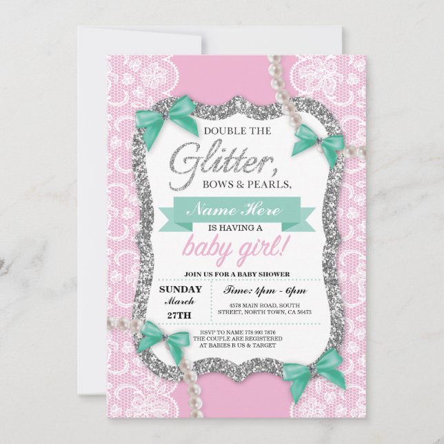Baby Shower Pink Lace Glitter Bow Girl Mom Invite Einladung (Vorderseite)
