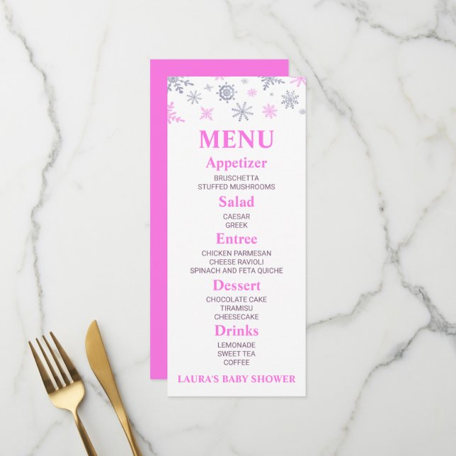 Baby shower Pink Snowflake Menu alimentaire (Devant/Arrière en situation)