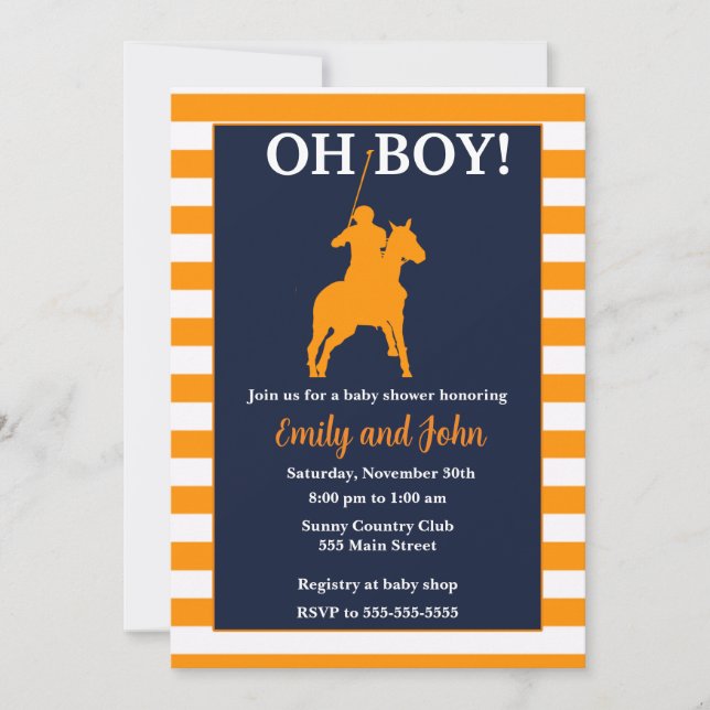 Baby shower Polo invitation bleu orange (Devant)