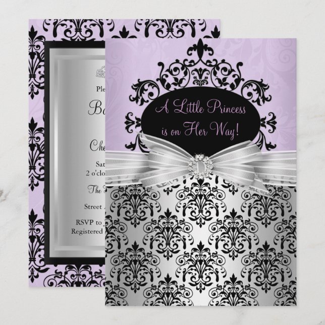 Baby shower pourpre noir Damask Invitation (Devant / Derrière)