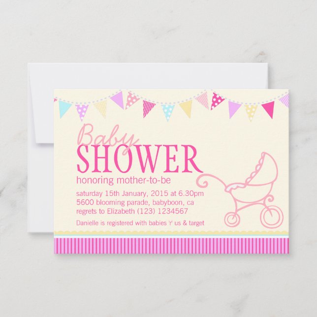 Baby shower poussoir jaune rose invitation (Devant)